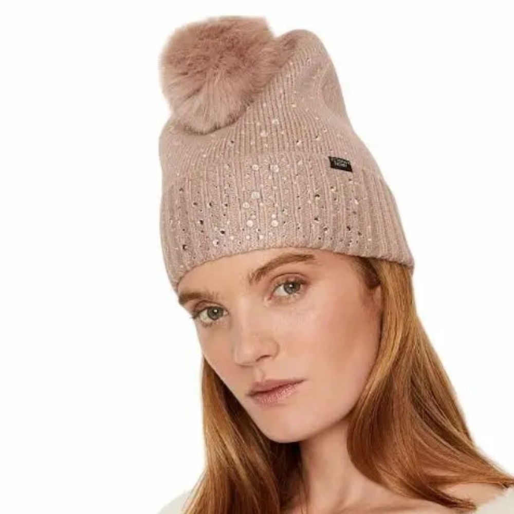 VICTORIA’S SECRET Studded Rhinestone Embellished Faux Fur Pom-Pom Beanie